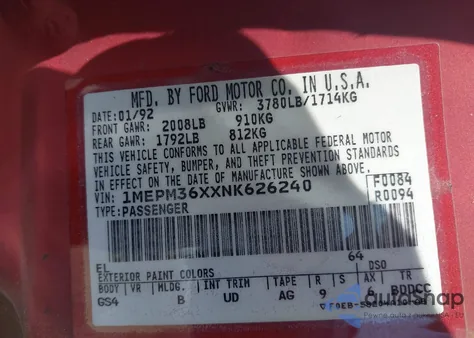 1992 Mercury Topaz Gs z USA, uszkodzony, nr VIN 1MEPM36XXNK626240